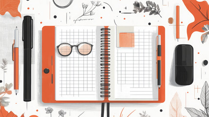 vibrant planner with orange cover, glasses, pens, and decorative elements, perfect for organization and education. Ideal for students and teachers alike