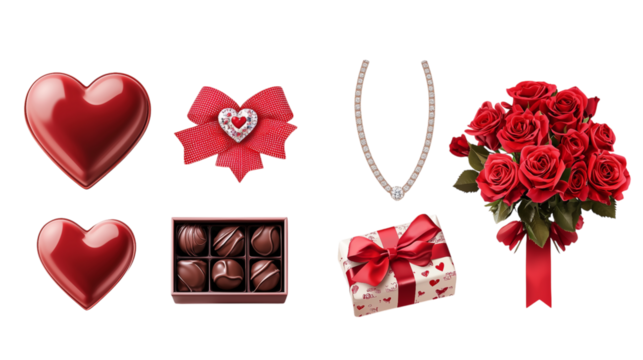 Collection of  Valentine's Day icons. chocolate, gifts, wine, candles, ribbons, heart icons, greeting letters, flower bouquets, rings, dolls, gift boxes, love arrows, love bird. transparent background - Powered by Adobe