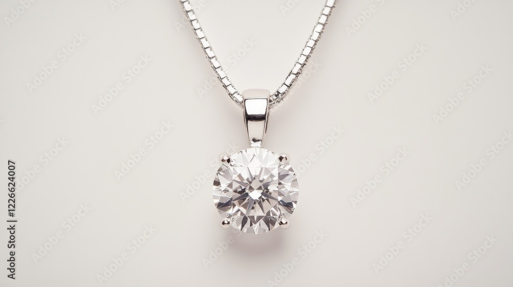 Poster a top-down view of an elegant diamond pendant on a white background, the clear gemstone shimmering a