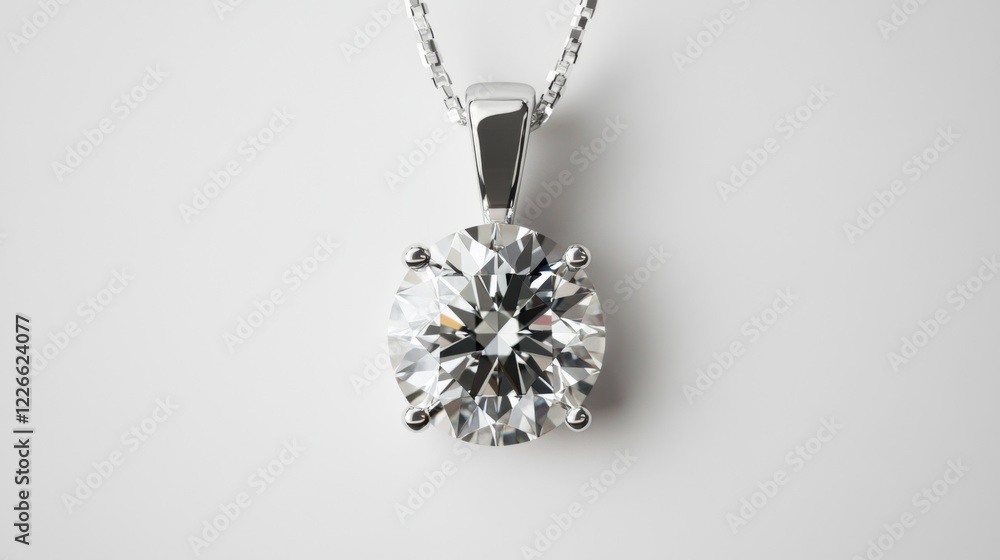 Poster a top-down view of an elegant diamond pendant on a white background, the clear gemstone shimmering a