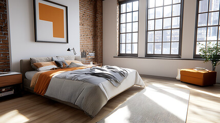 Fototapeta premium Stylish bedroom design urban loft interior photography modern aesthetic natural light cozy atmosphere