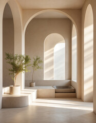 A beautifully curated setting featuring a textured stone pedestal, flowing sheer fabric, and a warm, earthy color palette, creating an elegant and serene aesthetic perfect for luxury product photograp