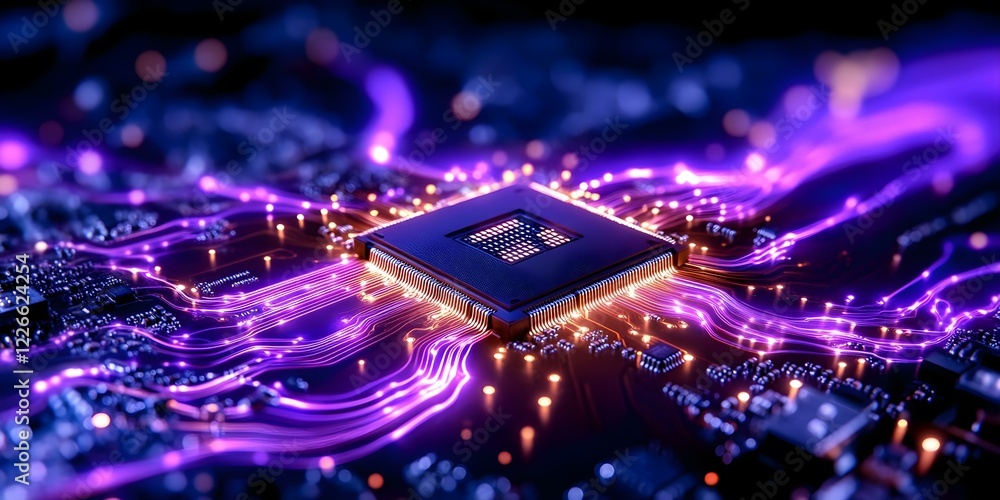 Poster a close-up view of a computer chip surrounded by glowing circuits and connections, showcasing techno