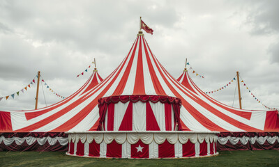 vibrant vintage circus tent with red and white stripes, adorned with flags and bunting, set against cloudy sky, evokes sense of nostalgia and excitement