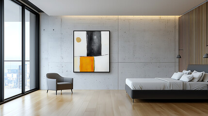 Contemporary art piece enhancing modern bedroom aesthetics urban apartment interior design minimalist style elevated perspective