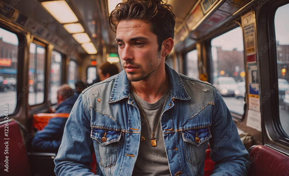 Poster a man in a denim jacket sits on a bus. he is wearing a necklace and has a beard