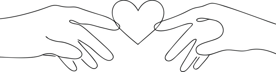 Fototapeta premium Continuous One Line Art Drawing Illustration Of Two Hands Reaching Towards Each Other With A Small Heart Shape In Editable Stroke On Isolated White Background 