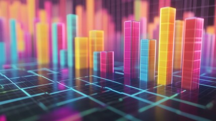 Fototapeta premium A vibrant D bar graph with colorful bars rising from a grid background, representing financial growth and data analytics in a modern, futuristic design.