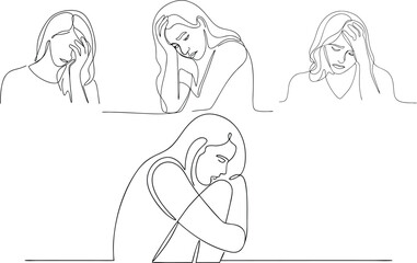 Sad Woman With Depression Sitting Alone On The Floor Suffering From Major Depressive Disorder Continuous One Line Art Drawing Illustration In Editable Stroke Style