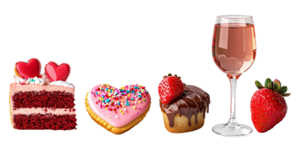 Collection of  dessert with Valentine's Day concept. cupcake, cheese cake, strawberry, brownies, wine, drinks. on transparent background