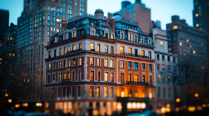 Fototapeta premium Elegant City Brownstone Building Night Lights Urban Architecture Home Brick House Facade Windows 