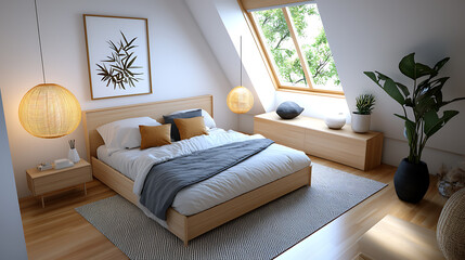 Cozy modern bedroom design stylish home interior photography natural light wide angle minimalist aesthetic