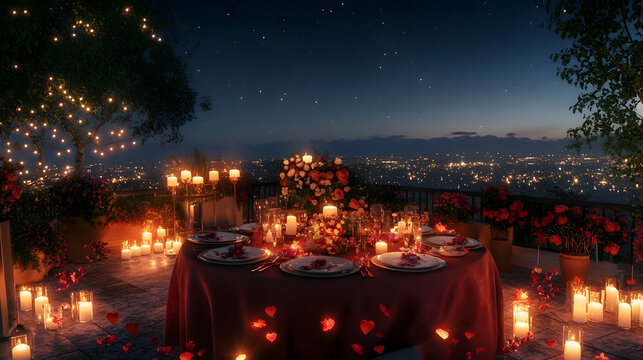 Romantic rooftop Valentine dinner setup with candles, floral accents and a gourmet menu under a clear starlit sky - Powered by Adobe