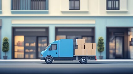 Delivery truck on city street, packages, urban background, logistics