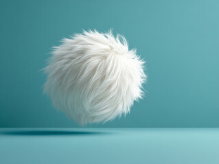 Floating white fur ball against a solid background