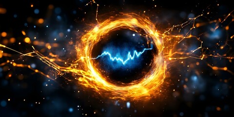 A glowing circular formation with electric blue waves, surrounded by fiery orange sparks, creating a dynamic, energy-filled scene. Concept Glowing Circular Formation, Electric Blue Waves