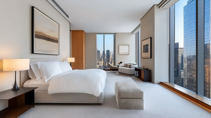 Modern luxury bedroom with city view high-rise apartment interior design urban environment bright and spacious contemporary aesthetics