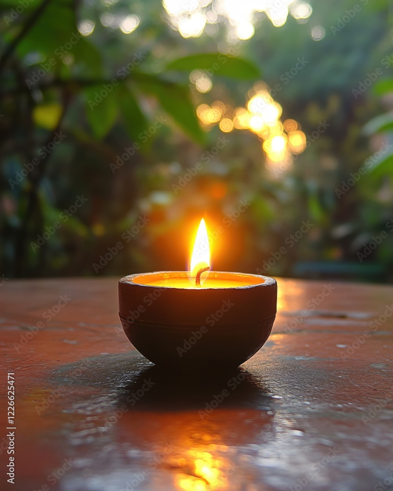 Aufkleber glowing candle flame on table with blurred bokeh background at sunset creating warm mood
