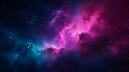 Naklejka premium A stunning cosmic nebula with vibrant pink and blue glowing clouds surrounded by countless stars, illustrating the beauty of deep space and the universe 