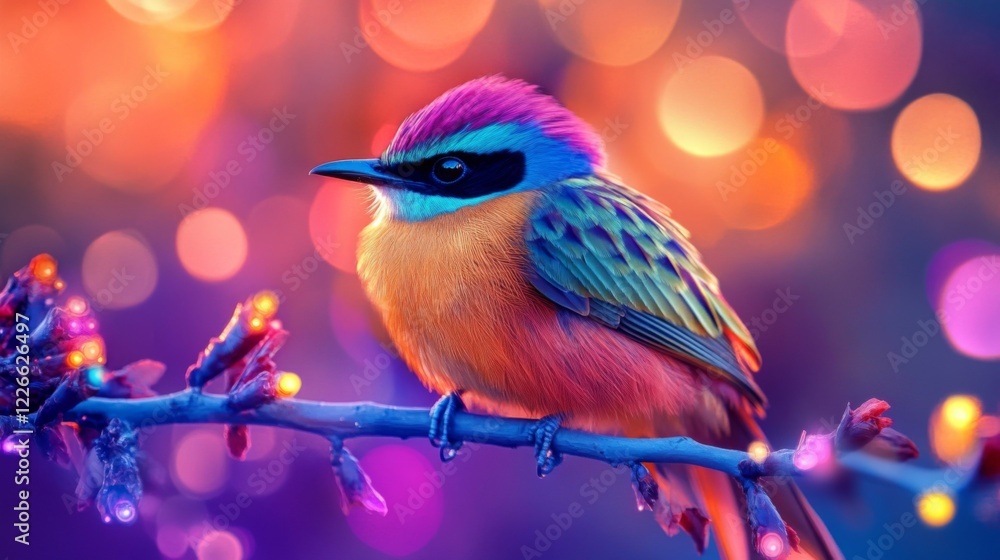 Poster Close-up of an elegant bird with striking feathers, perched on a branch, with a dazzling background of abstract lights creating a vibrant and artistic effect.