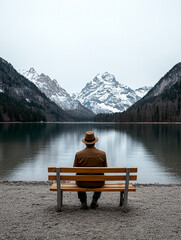 Man enjoys serene lake view with mountains in background