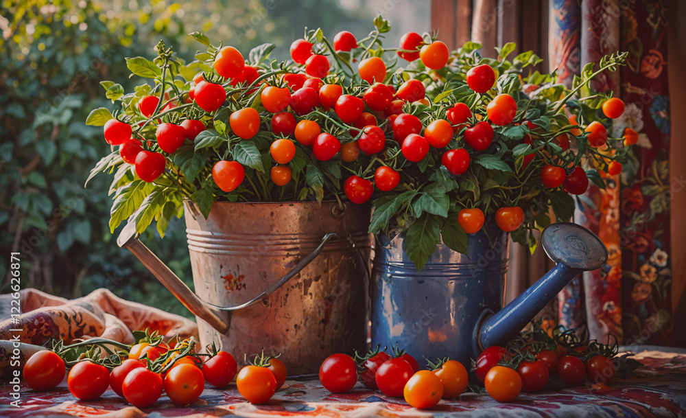 Poster two blue watering cans with a bunch of red tomatoes in them. the cans are on a table with a red clot