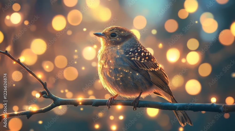 Poster Close-up of a bird with detailed feather patterns, perched on a branch, with a background of softly glowing lights adding depth and a magical feel to the scene.