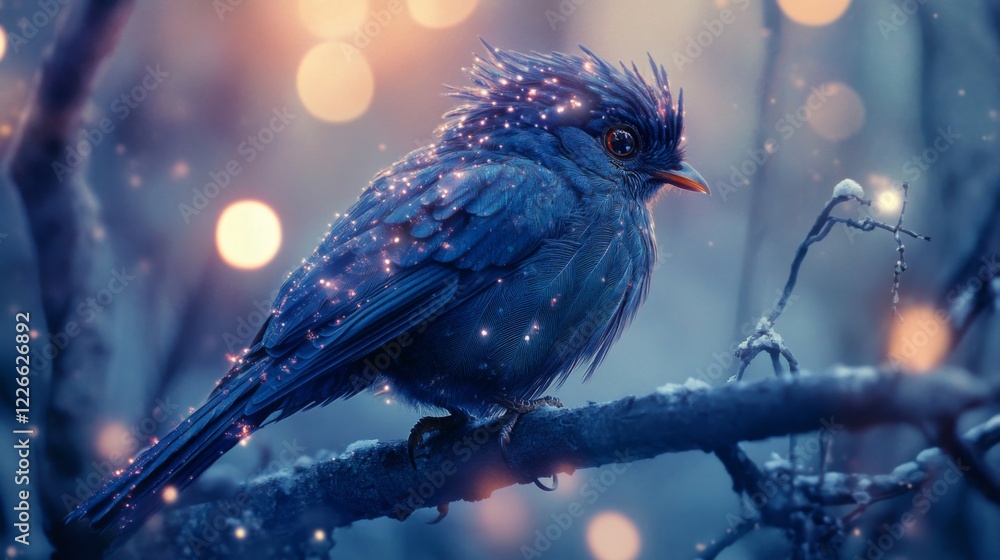 Poster Close-up of a bird with detailed feather patterns, perched on a branch, with a background of softly glowing lights adding depth and a magical feel to the scene.