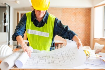Construction worker in yellow hard hat and vest reviews blueprints. Focused on plans, worker ensures accuracy in construction details. Woman on construction work, looking at architecture blueprint.