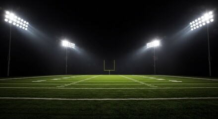 Football field illuminated by stadium lights with copy space on dark background 