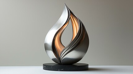 Abstract silver award with a wavy design standing upright on a reflective white surface