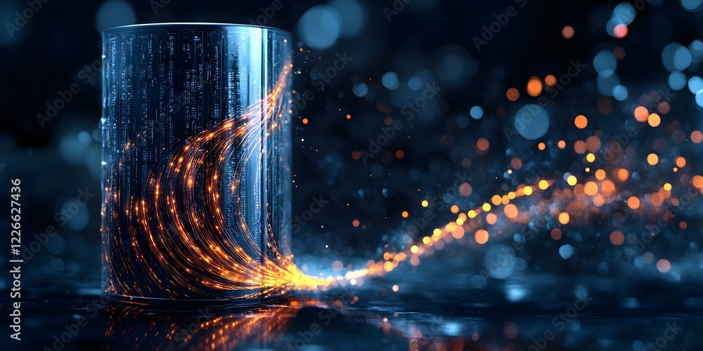 Aufkleber a cylindrical object emits a glowing trail of light and particles, creating a dynamic, futuristic vi