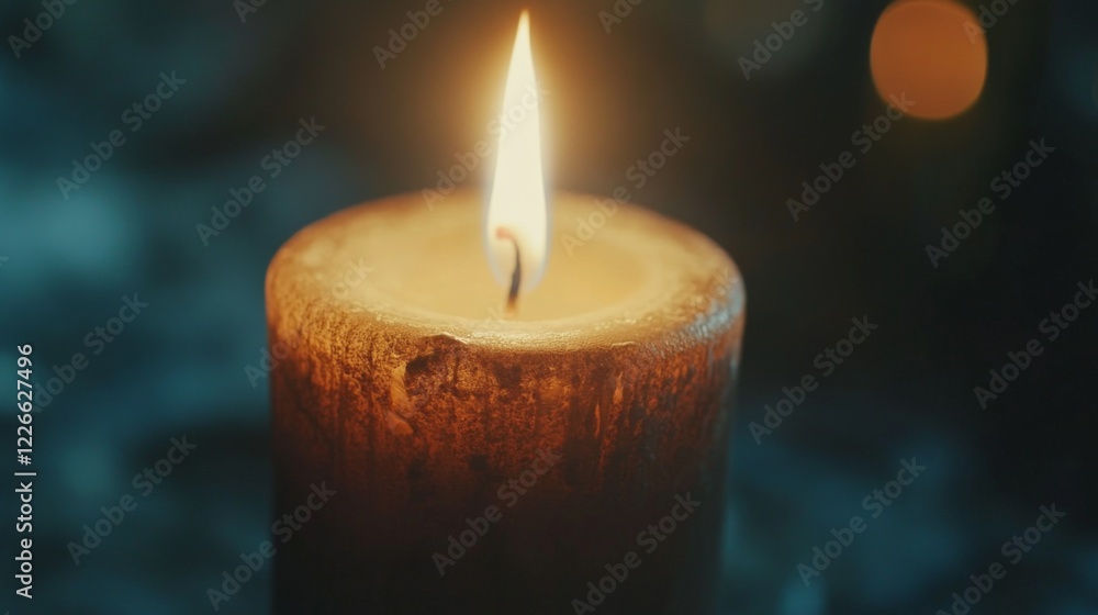 Poster close-up of a candle flame flickering softly in the dark, casting a warm, golden glow and creating a