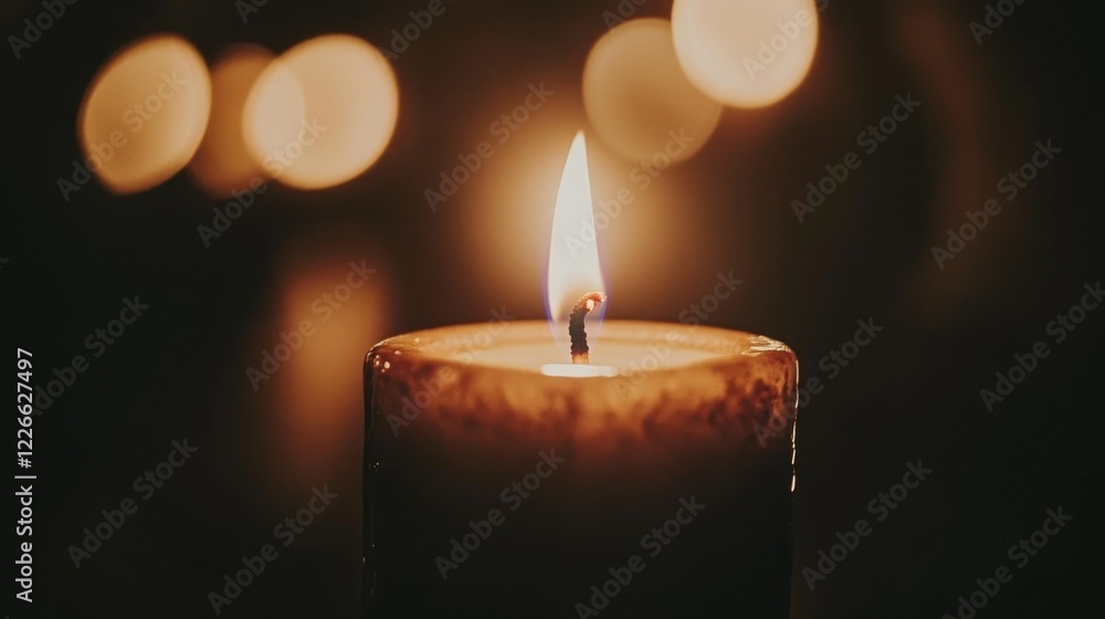 Poster close-up of a candle flame flickering softly in the dark, casting a warm, golden glow and creating a