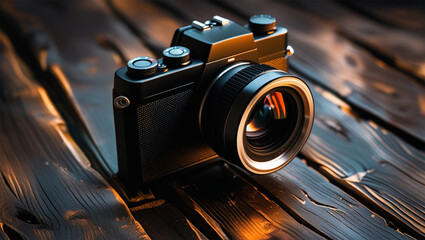 A black camera sits on a textured wooden surface, illuminated by a warm light.