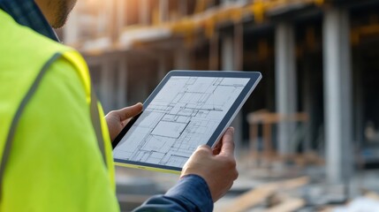 A close-up shot of an architect reviewing building plans on a tablet at a construction site, Architectural planning scene, Innovative and technological style