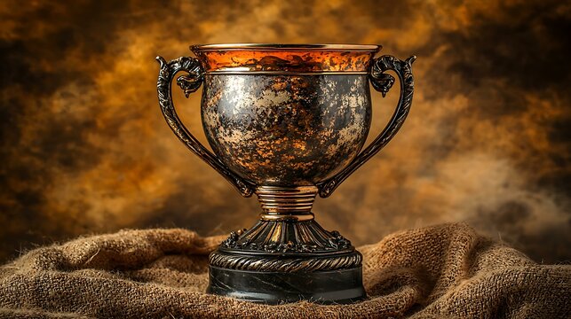 Bronze trophy cup on a neutral beige background with soft studio lighting and clear details