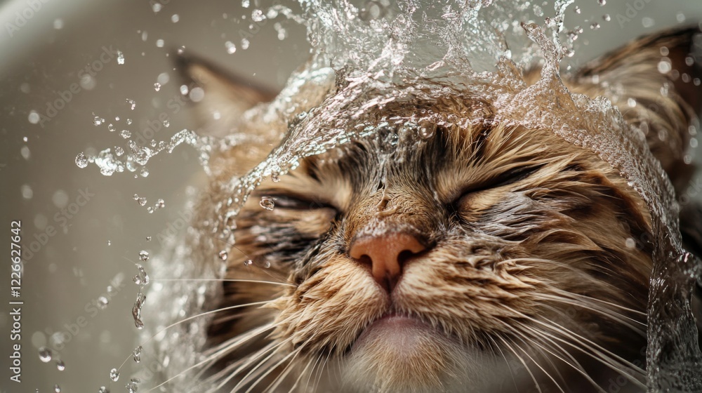 Poster close-up of a cat enjoying a bath, with water droplets on its fur and a content expression, showing 