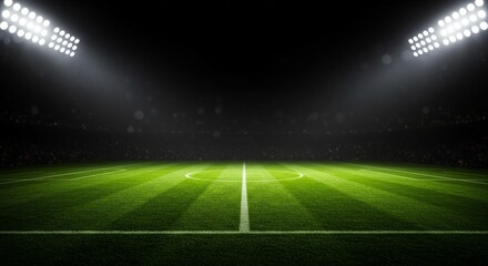 Soccer field illuminated by stadium lights with copy space on dark background 