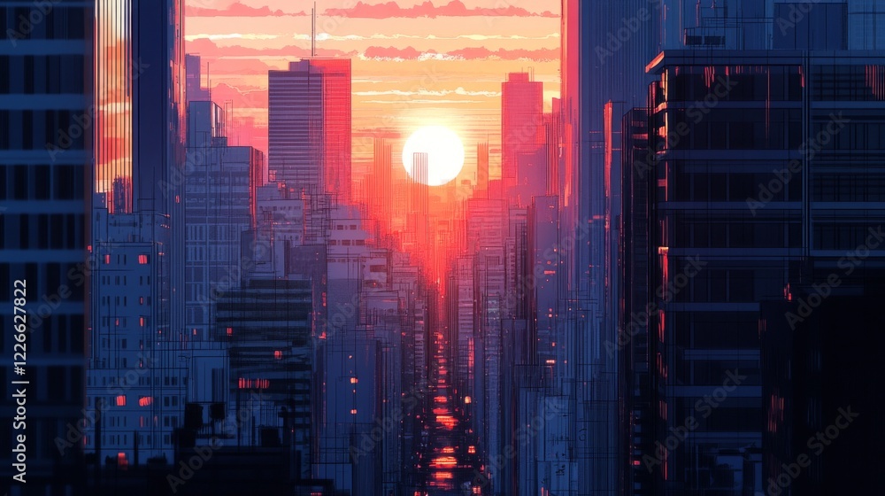 Poster close-up of a city skyline with the sun setting between tall buildings, capturing the interplay of l