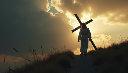 Jesus carrying the cross at sunset on a hill.