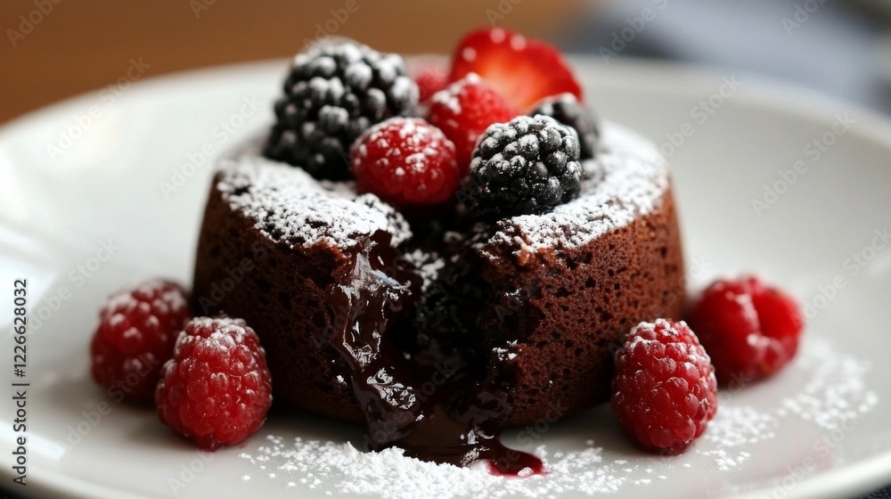 Poster close-up of a decadent chocolate lava cake with a gooey center, garnished with fresh berries and a d