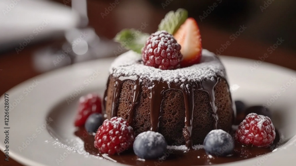 Poster close-up of a decadent chocolate lava cake with a gooey center, garnished with fresh berries and a d