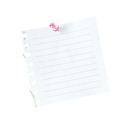 blank note paper with push pin isolated on white