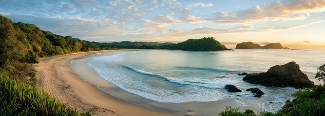 Obraz premium A tranquil beach at sunrise with waves gently rolling onto the shore