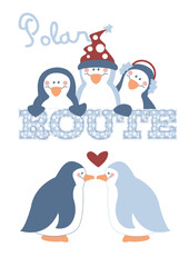 A playful design of penguins with the word 