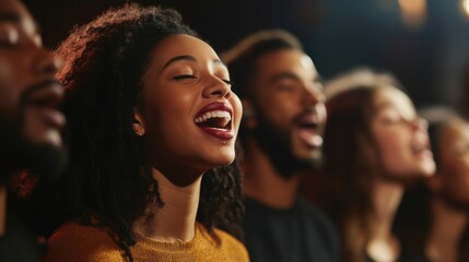 Obraz premium Close-up of a diverse group of singers harmonizing together on stage, with expressions of concentration and joy, highlighting the unity in their performance.