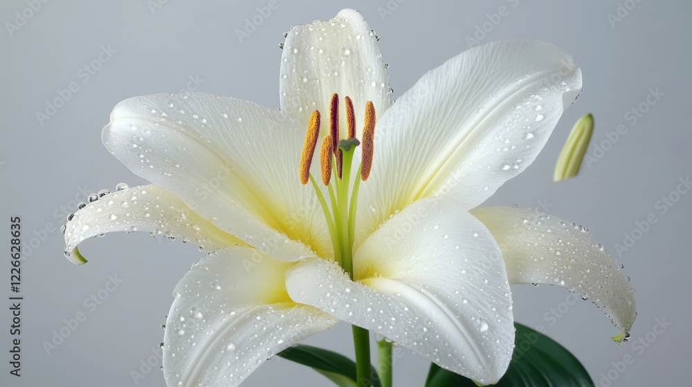 Poster Close-up of a flower with large, prominent water droplets on its petals, creating a dramatic and visually appealing effect against a simple backdrop.