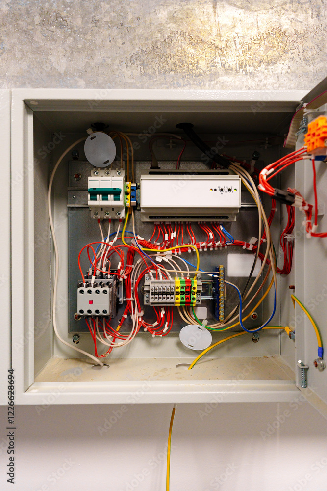 Poster electrical wiring inside a control box with various connected components in a modern building settin
