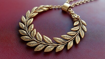 Golden laurel wreath isolated on a matte red surface, ultra-detailed sharp focus